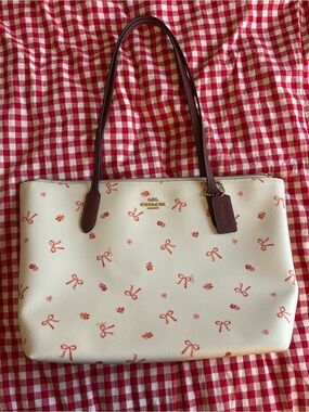 Coach Cream Floral Bow and Floral Print Tote with Brown Leather Handles